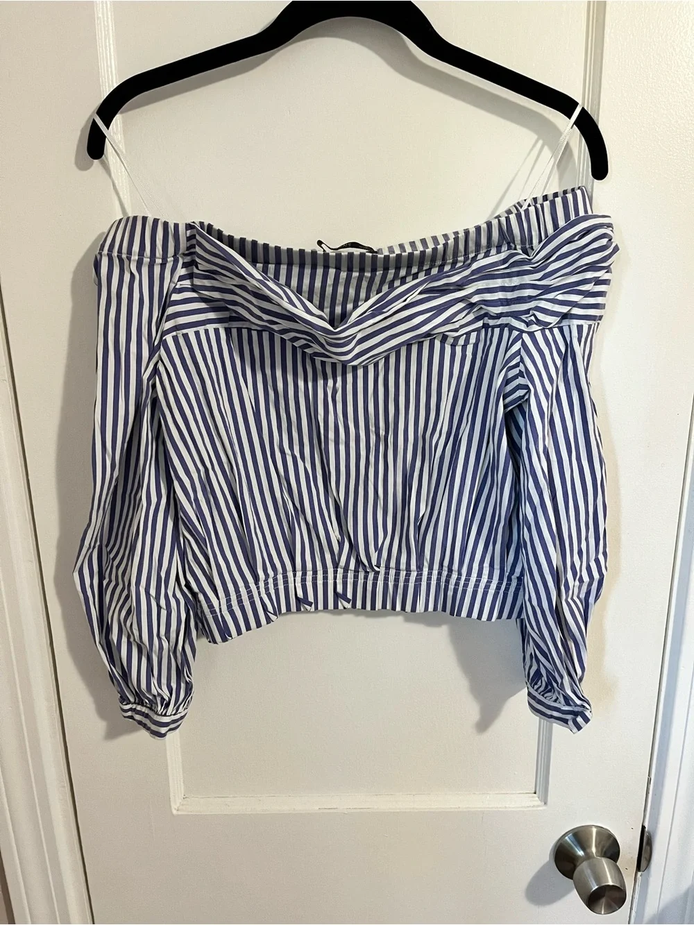 Zara Blue and White Striped Off-Shoulder Blouse